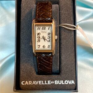 Bulova Caravelle Women's Watch Brown Strap Silver NIB Rectangle Quartz